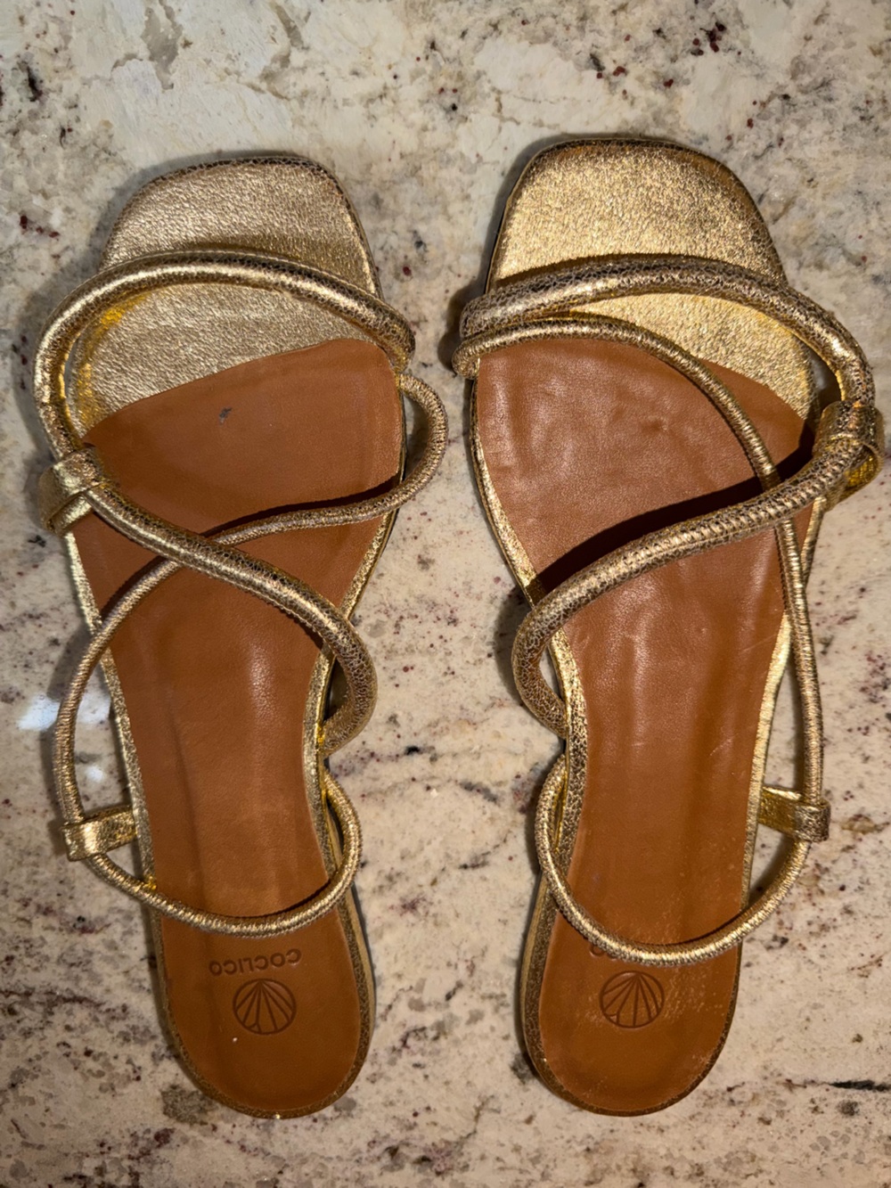 Coclico $365 ACDC Gold Crinkle Matallic Strappy Leather Sandals 40.5 9.5 EUC